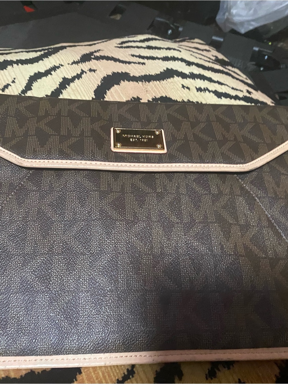 Michael Kors Brown MK Monogram Clutch or iPad case 13x9” with Beige Trim